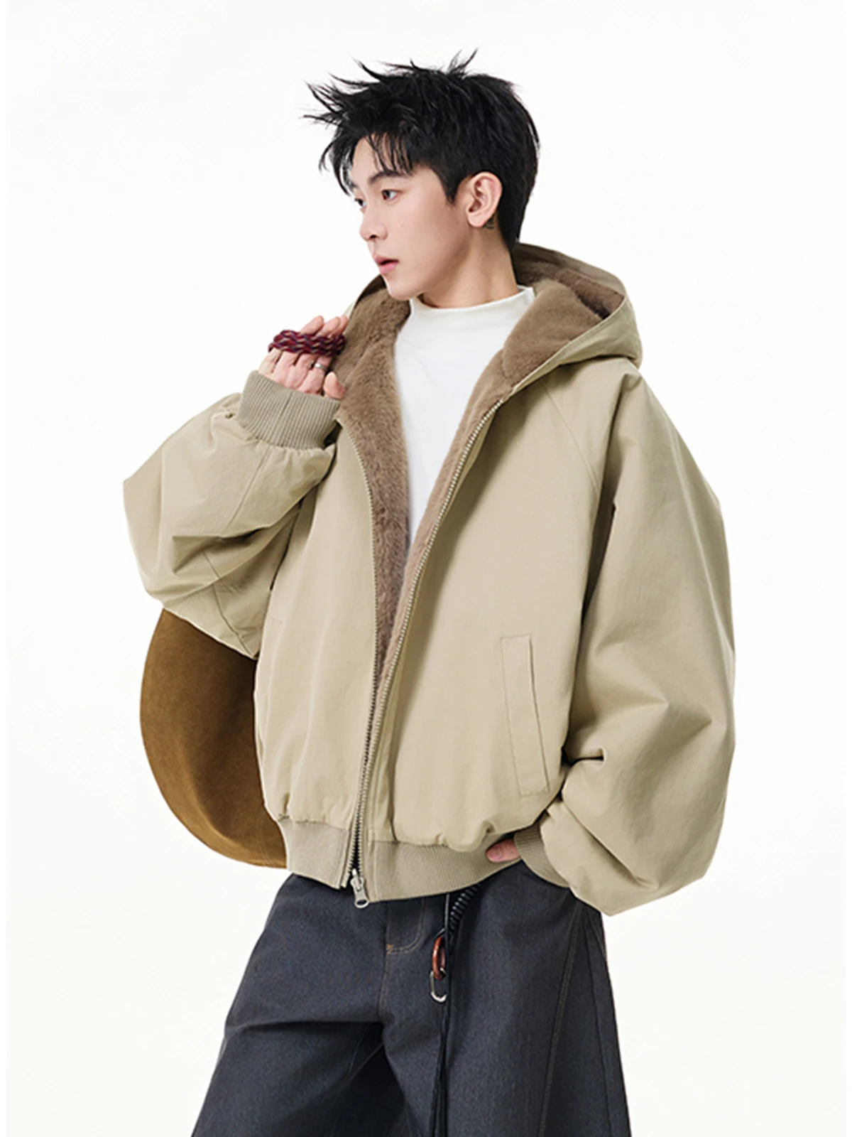 Dwustronny płaszcz męski zimowy z podszewką z imitacji futra królika, bawełniany, modny, luźny, wysokiej jakości, ocieplany, z kapturem.