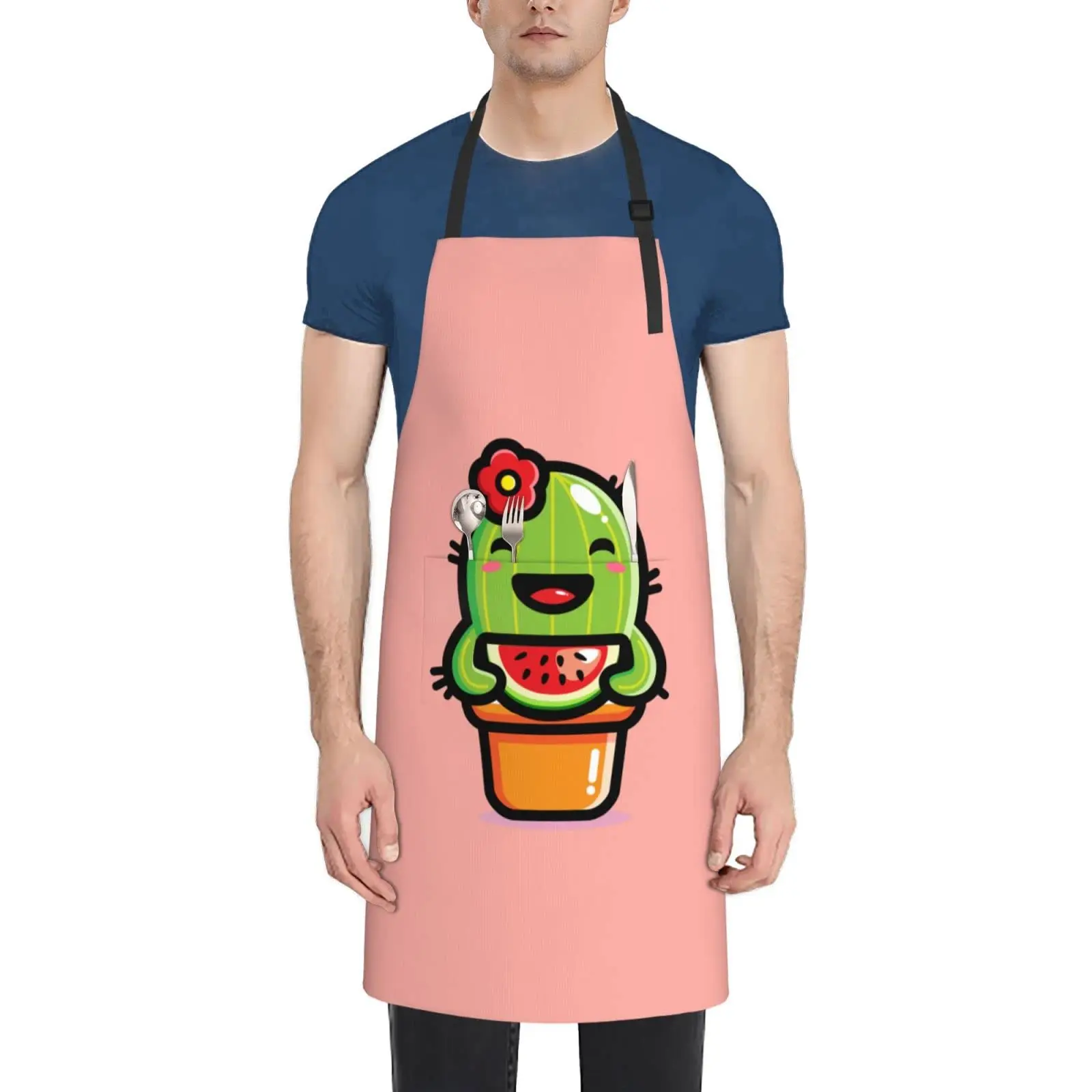 Cute Cactus Eating Watermelon Apron Adjustable Neck Aprons For Men Women With Pockets Waterproof Aprons For Kitchen