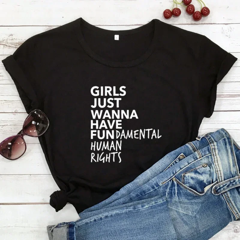 Y2k Short Sleeves T-shirt Girls Just Wanna Have Fundamental Human Rights Tshirt Women Top Graphic Clothing Female Casual Tee