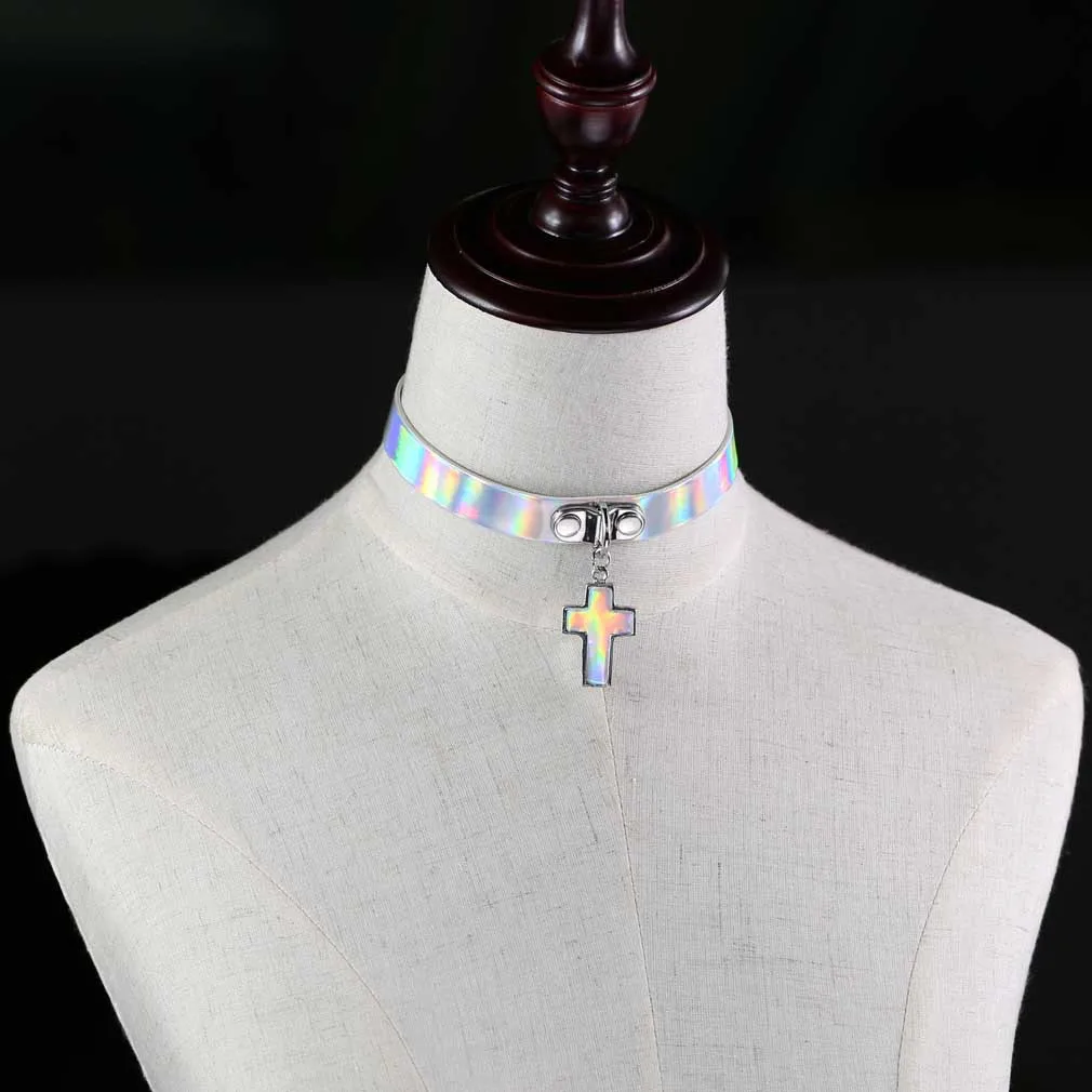 Punk Harajuku Fashion Simple Personality Cross Rivets Multicolored Luminous laser Alloy Clavicle chain Necklace