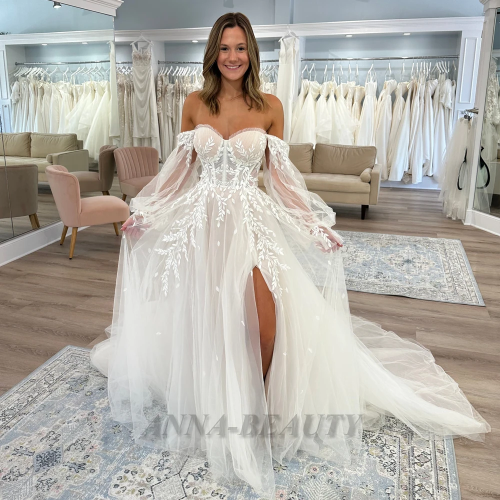 Anna Pastrol Sweetheart Wedding Dresses for Mariages Detachable Puff  Sleeves High Slit A Line Tulle Lacing up Robe De Soire - AliExpress 320