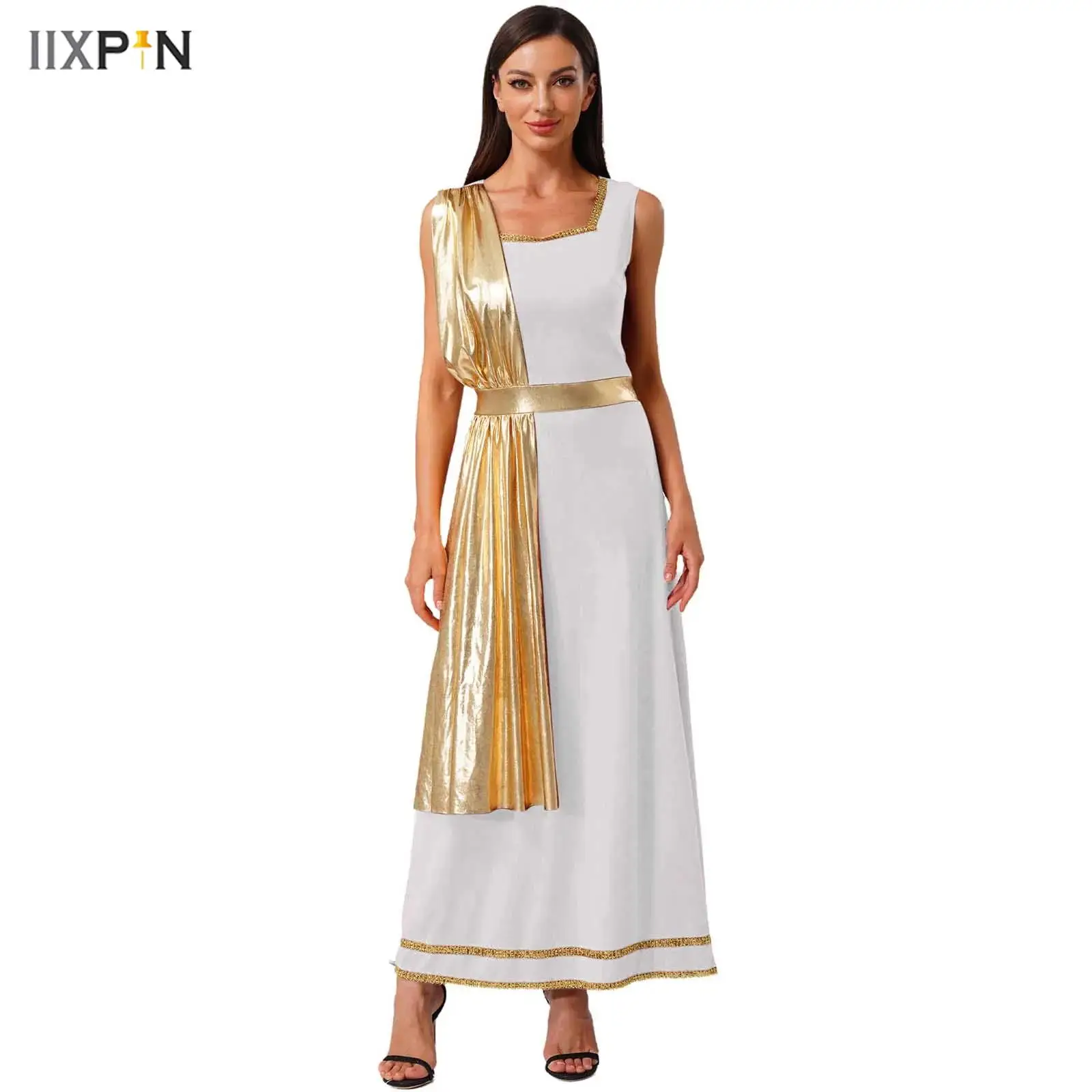 

Womens Ancient Greek Roman Tunic Dress Metallic Shiny Square Neck Sleeveless Robe Dress Halloween Princess Cosplay Toga Outfit