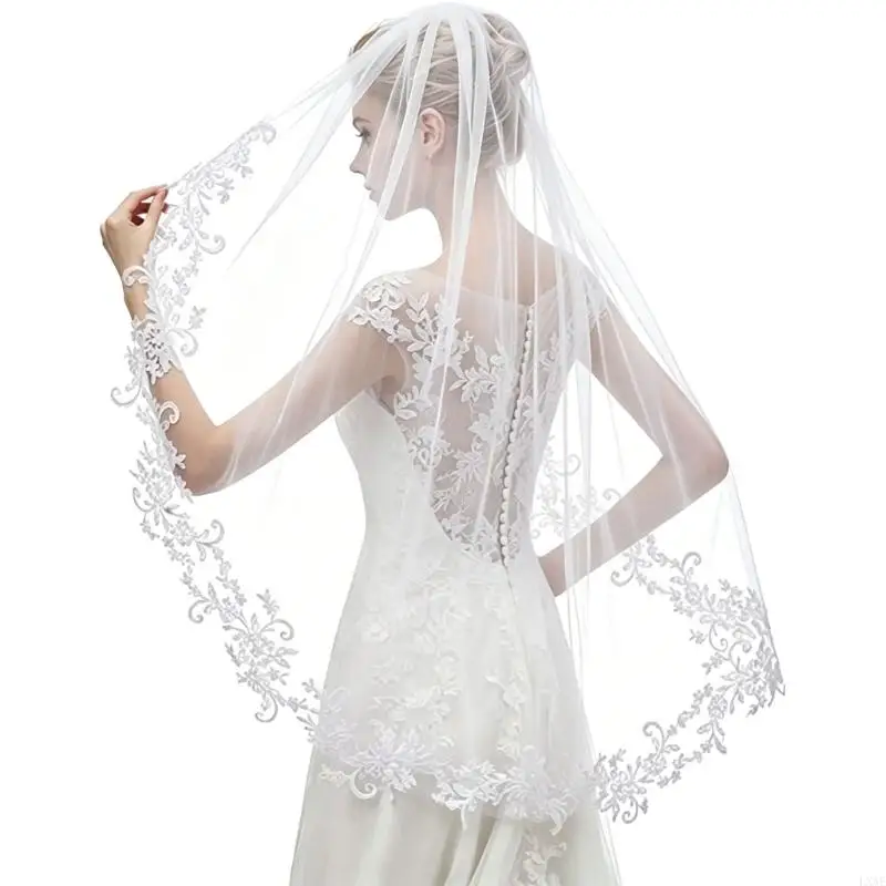  Elegant Single Layer Lace Bridal Veil with Applique Flower Decors Wedding Bridal Accessory Chapel Church Head Veil