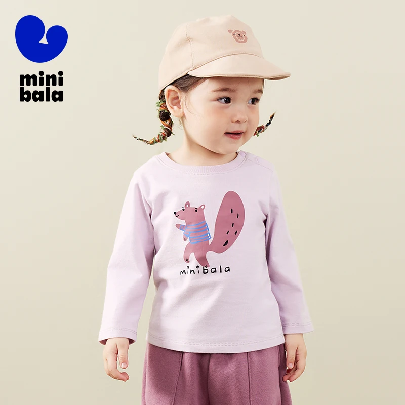 T-shirt a maniche lunghe Mini Bala per neonati Cute 2024 autunno nuovo prodotto t-shirt a maniche lunghe alla moda stampata in puro cotone