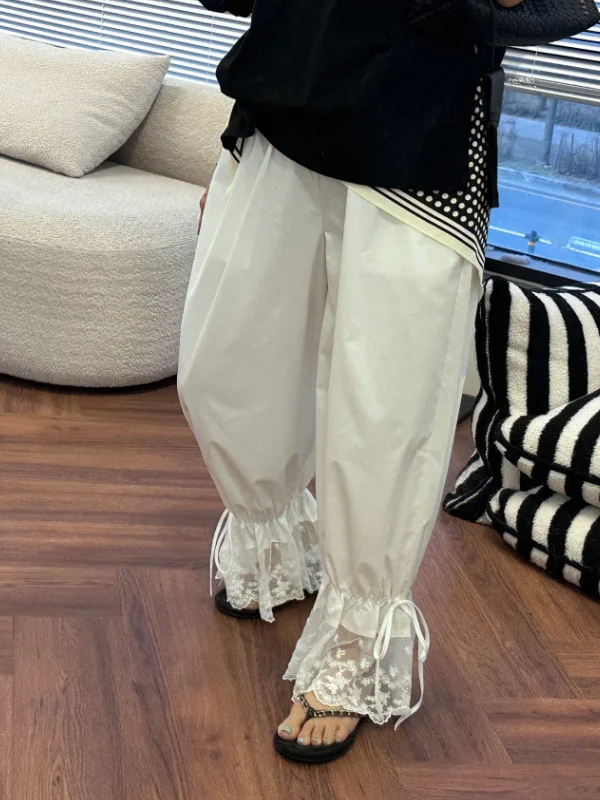 Casual Lace Trim Elastic Waist Women's Wide Leg Pants Loose Fit Slimming Trousers Fashionable Cuffed Design Sense Loose Fit