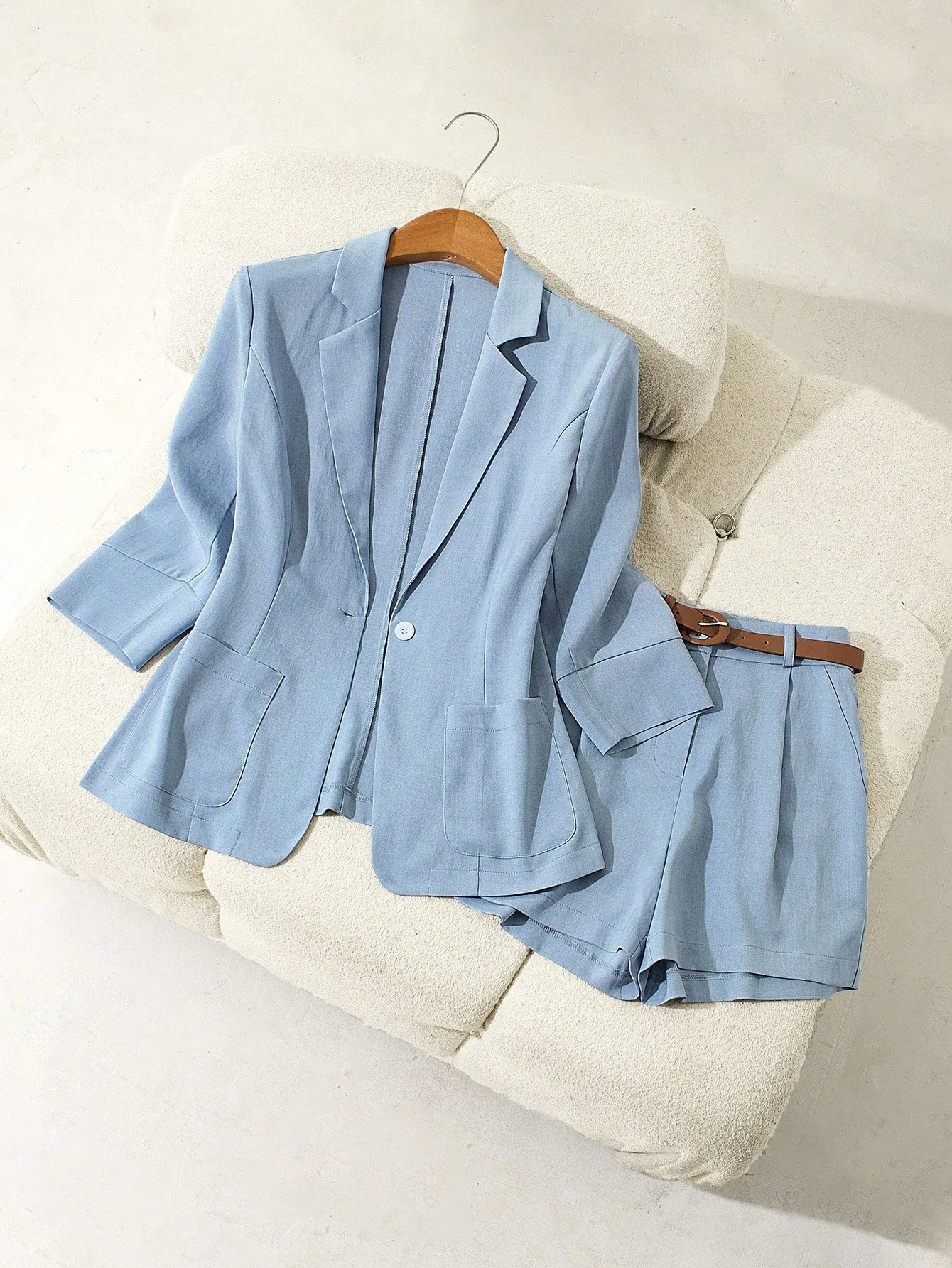 Women's Light Blue Notched Collar Blazer and Belted Shorts Two-Piece Suit Set