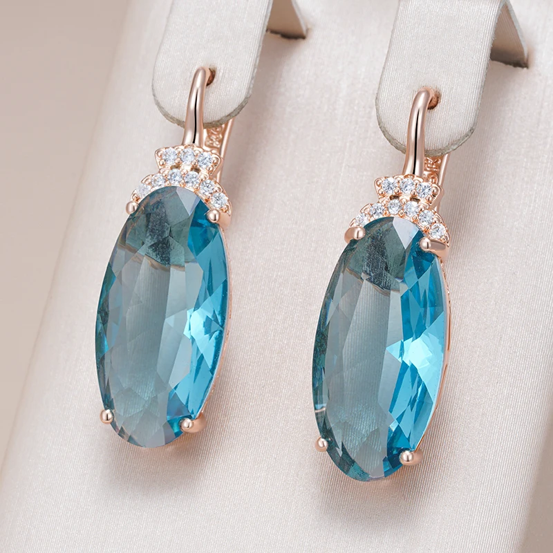Wbmqda Transparent Oval Blue Stone Drop Earrings For Women 585 Rose Gold Color Special Wedding Jewelry Accessories