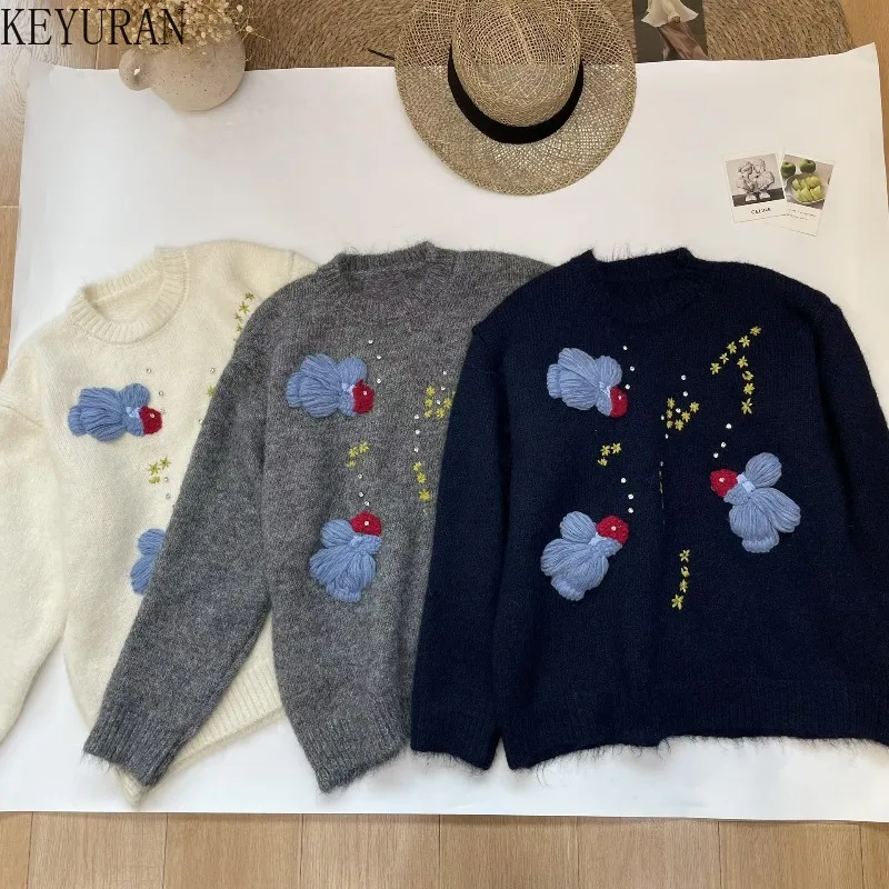 

Свитер с вышитыми цветами, женский осенне-зимний вязаный пуловер с круглым вырезом и длинными рукавами, свитера, повседневные свободные топы, женский джемпер