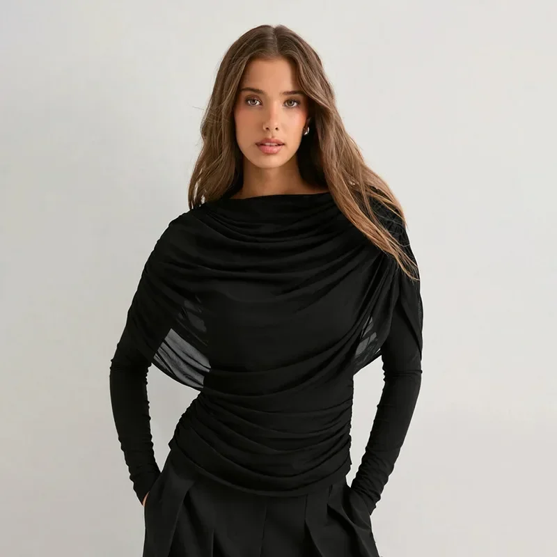 2026 Frühling Sommer Damen Langarm-T-Shirt mit drapiertem Kragen, plissiertem Schal, schmal geschnitten, Stretch-Oberteil, elegant, lässig, Alltagskleidung – Detail 4