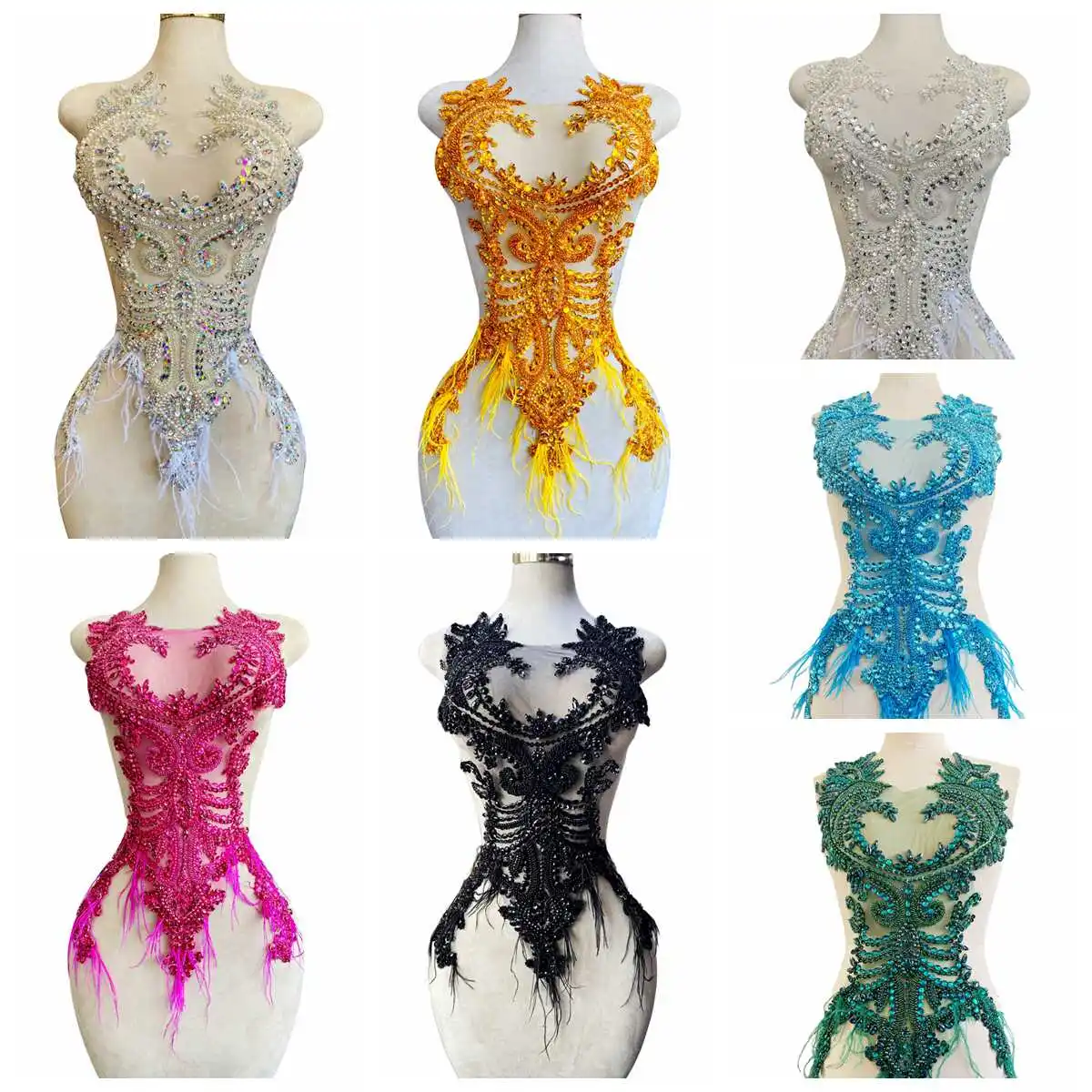 

Custom Made 14 Colors Wedding Dress Beading Crystal Ostrich Feather Accessories Profiling Tulle Evening Apparel Fabric