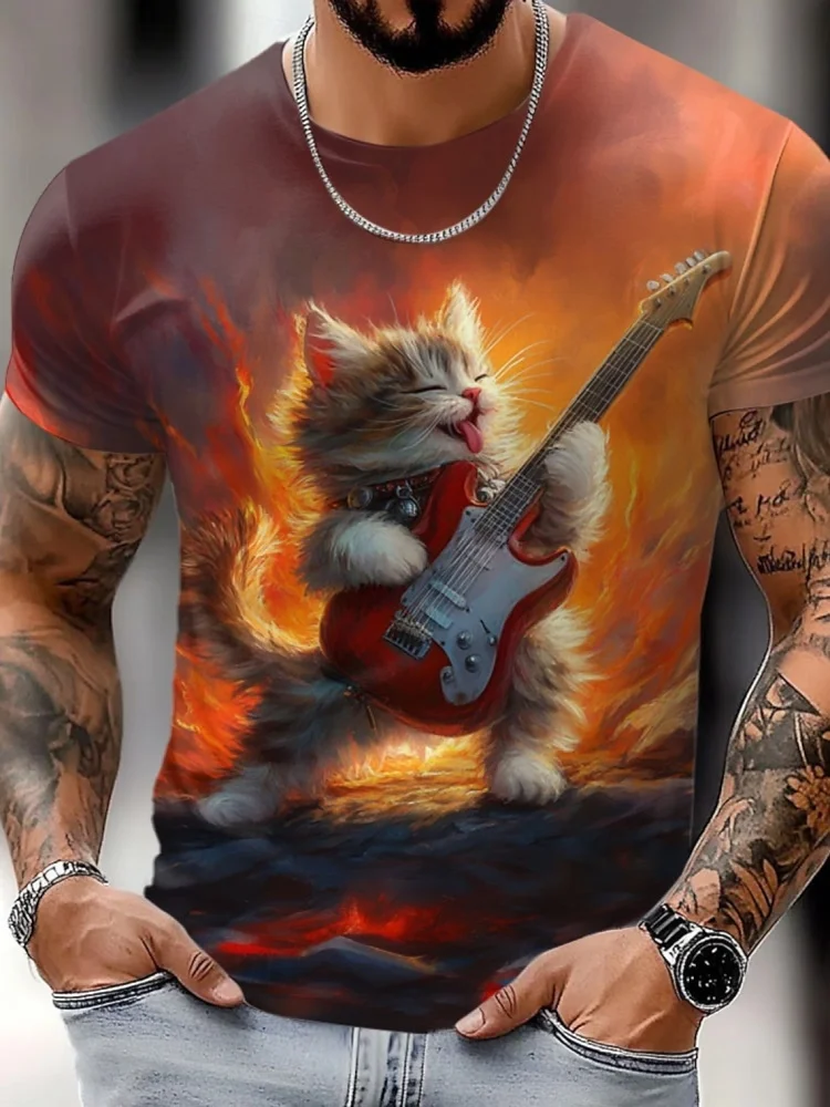 

3D Printed Cat And Guitar Pattern Men's Fashion T-shirt Short-sleeved For Rock Music Lovers Outdoor Streetwear Men's Sport Shirt