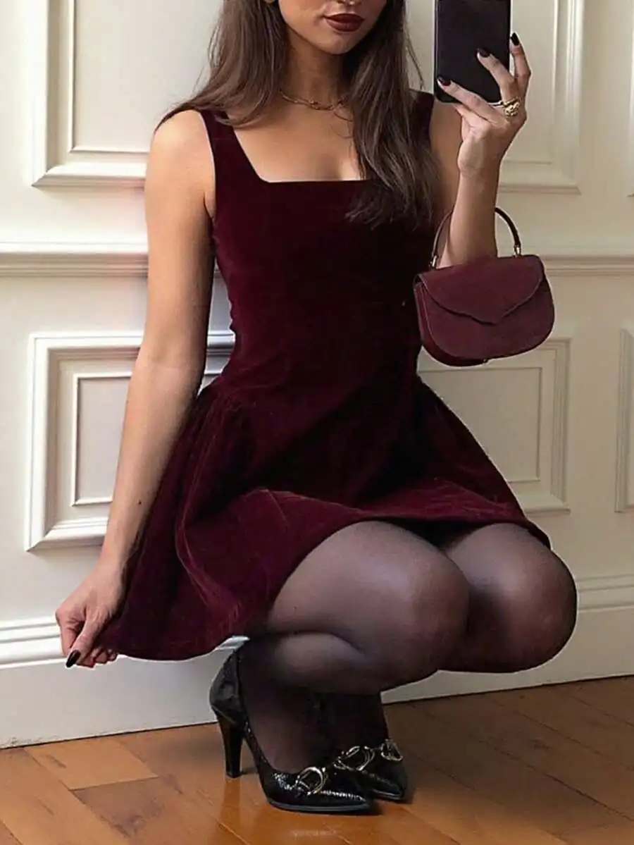 

Burgundy Velvet Square Neck Mini Dress with Flared Skirt for Evening or Holiday
