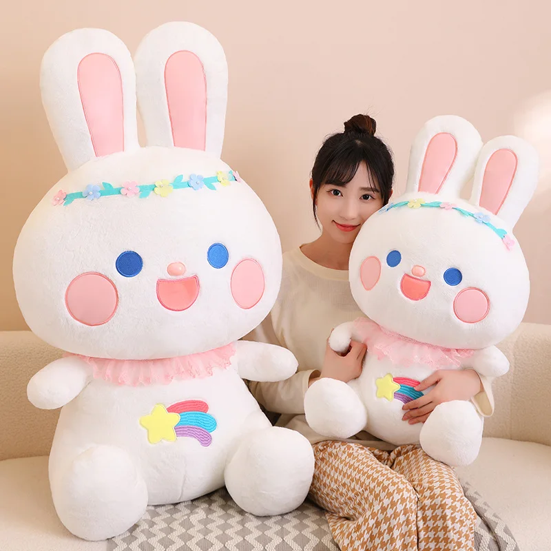 30-70cm Lovely Super Soft Stuffed White Standing Rainbow RabbitnToy With Bow Knot Cuddly Plush Bunny Dolls Baby Kids Accompany