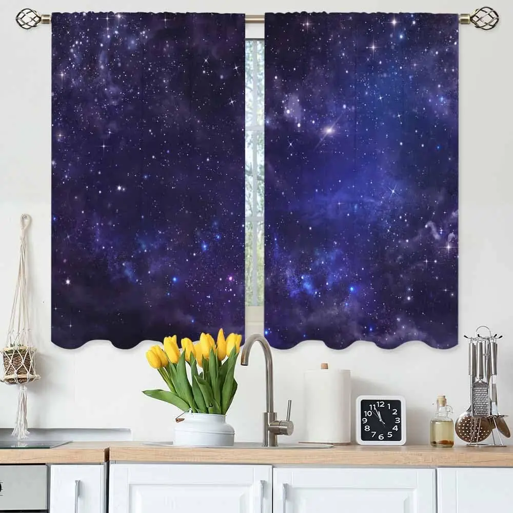 Starry Night Kitchen Curtains Outer Space Star Galaxy Nebula Glitter Astronomy Short Tier Curtains Bathroom Cafe Small Window