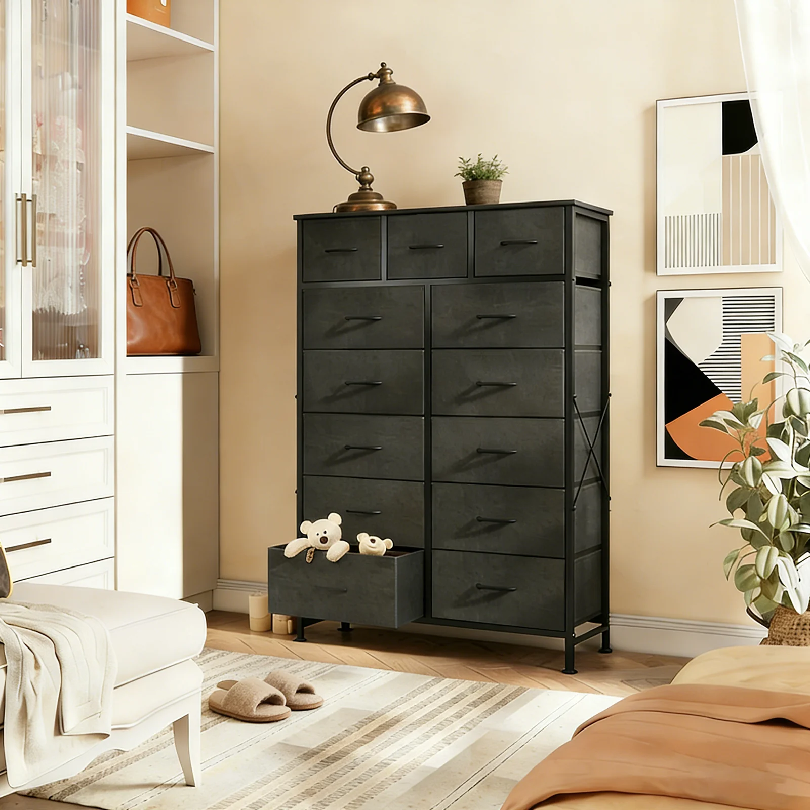 Living Room 13 Fabric Drawers Cabinet Storage Organizer Cabinet Adjustable Feet Steel Frame Assembly Closet For Furniture