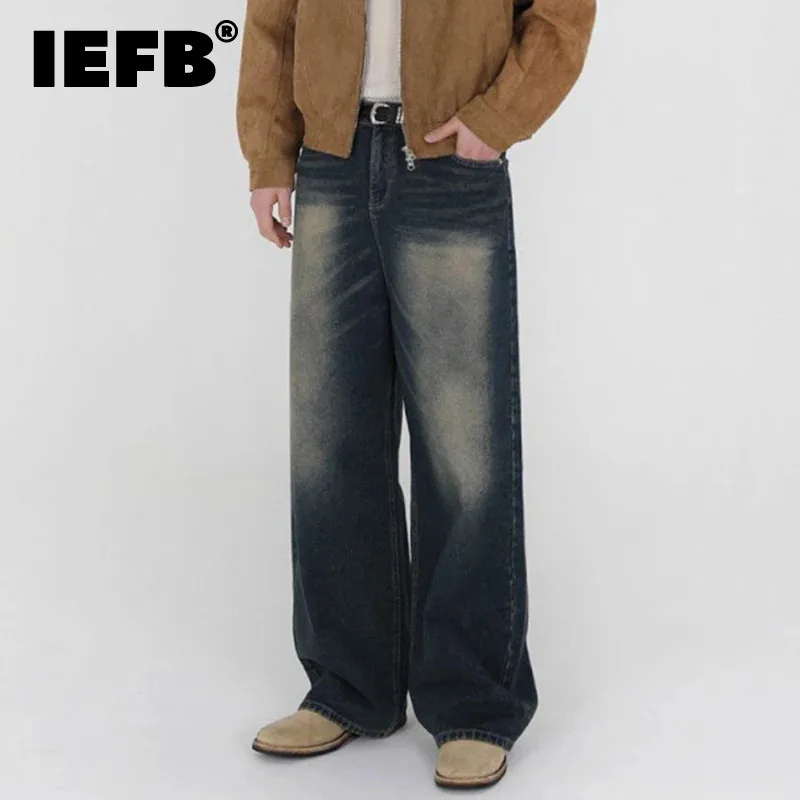 IEFB High Street Men's Denim Pants Washing Gradient Color Vintage Bottom Straight Wide Leg Male Jeans New Summer 2024 9C6619