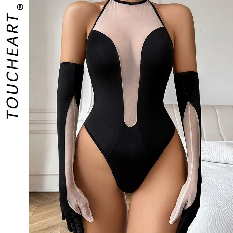 

Toucheart Sexy Lingerie Onesie Suit for Women Mesh Patchwork Sexy Jumpsuit Irregular Sexy Tight Perspective Mesh Gloves Jumpsuit