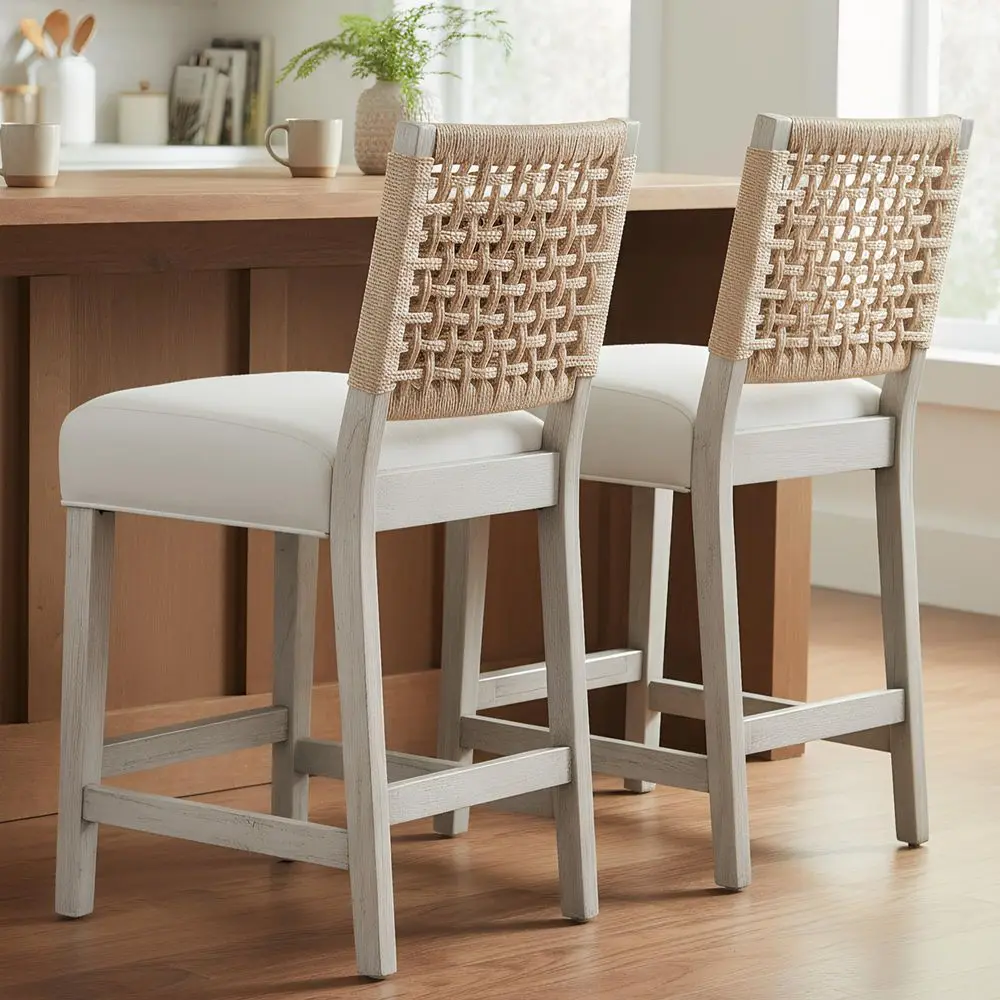 

Countryside Counter Height Bar Stools for Kitchen Island, Boho Linen Fabric Patio Stools Set of 2 with Woven Rope Back, Midcent