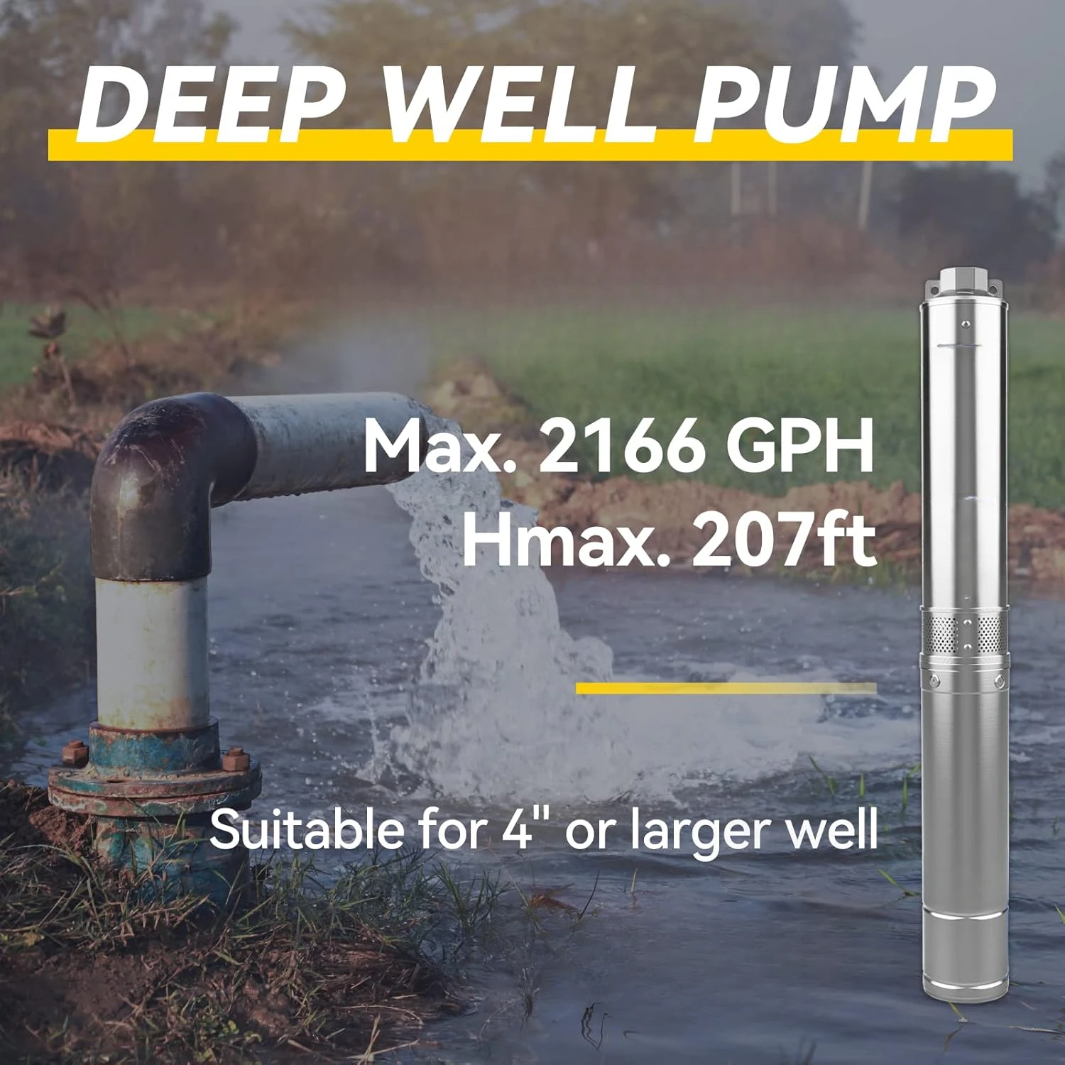 110V Deep Well Submersible Pump, 36 GPM, 207' Head, Stainless Steel, 4'' Deep Well Water Pump for Irrigation, Home, Industrial