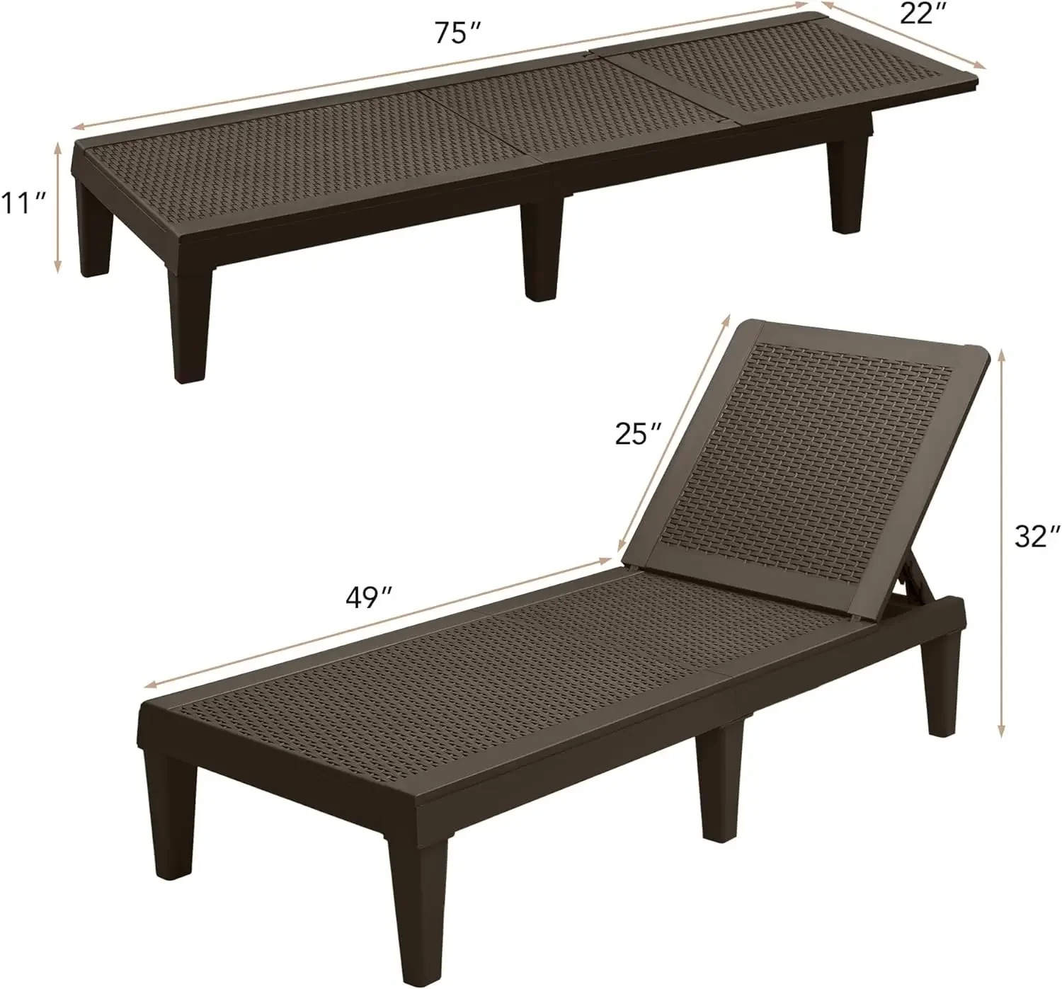 Chaise Lounge Chaise para exteriores, Juego de 2 sillas para Patio, piscina exterior, ajustable, impermeable, fácil montaje