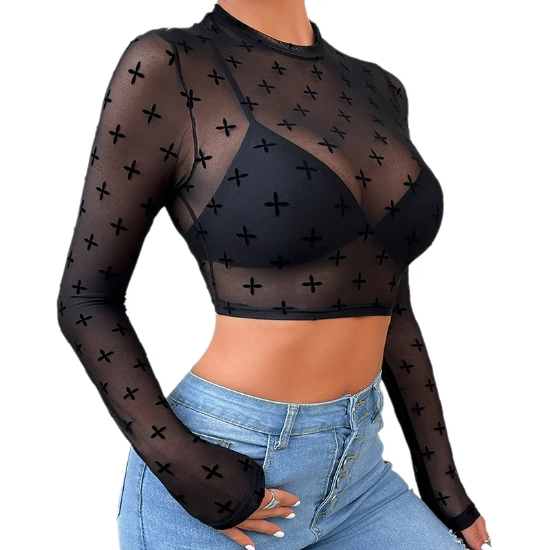 New Pure-desire Style Slim-fit Inner Top With See-through Mesh, Sexy And Fashionable Design Niche Long-sleeve Top GXAF