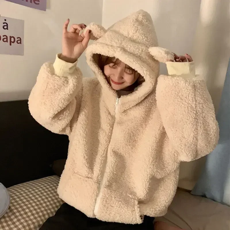 

Autumn Thick Kawaii Bear Ear Hooded Women Solid Preppy Style Sudadera Zipper Oversize Sweatshirt Japanese Y2k Sweet Fleece Coats