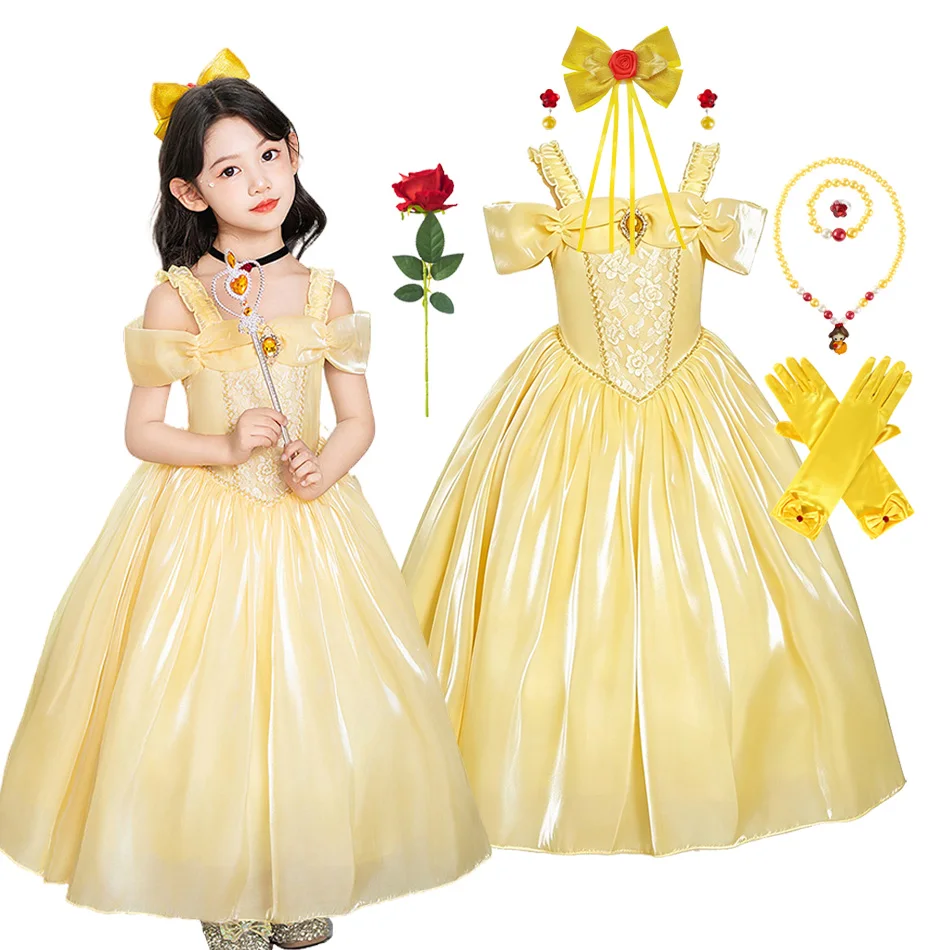 Girls Yellow Belle Princess Dress Off‑Shoulder Satin Lace Long Ball Gown Kids Birthday Halloween Carnival Stage Party Dress