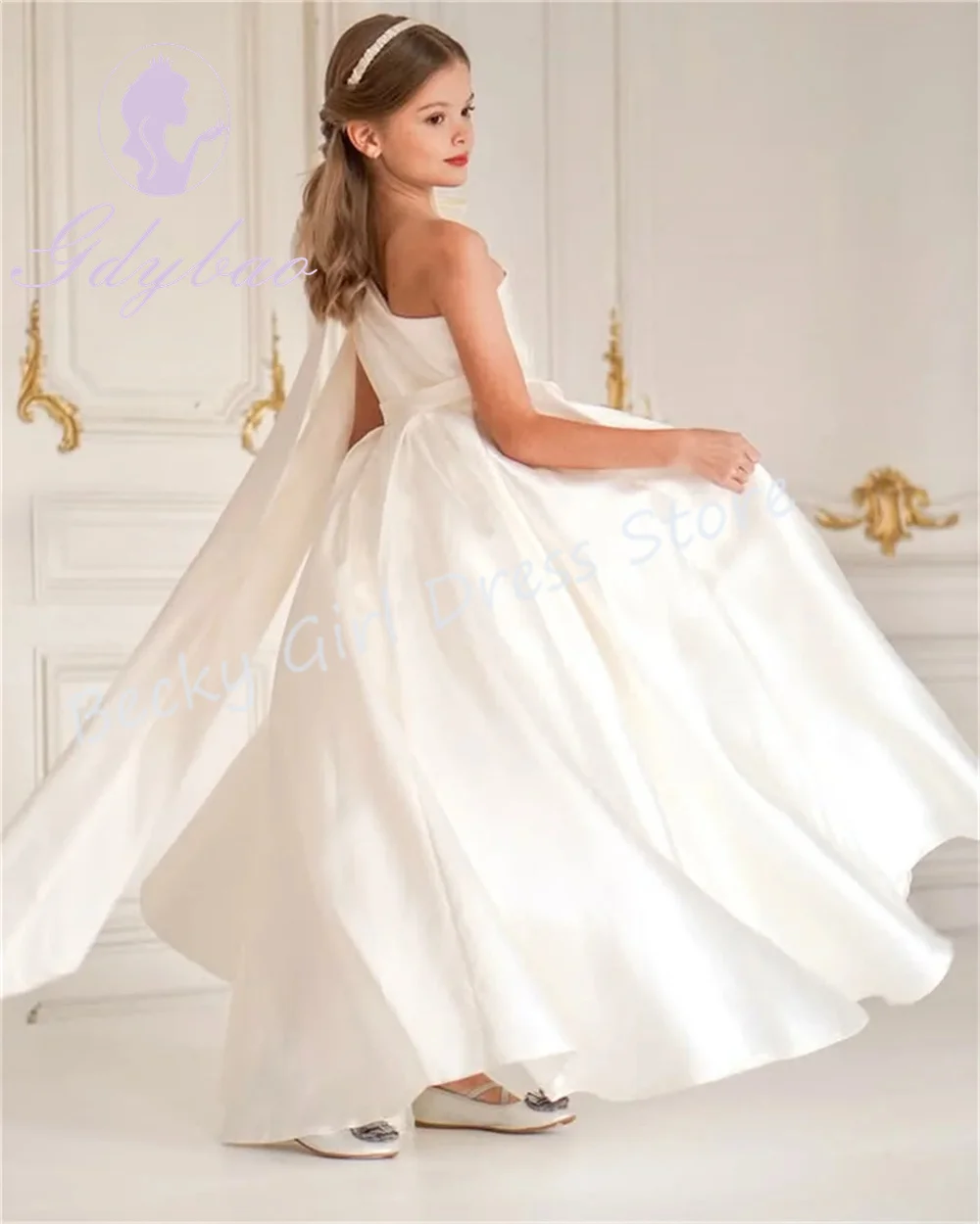 فساتين فتاة الزهور باللون الأزرق السماوي مخصصة لحفلات الزفاف الأنيقة من الساتان بكتف واحد الأميرة الأولى بالتواصل المقدس فستان Quinceanera