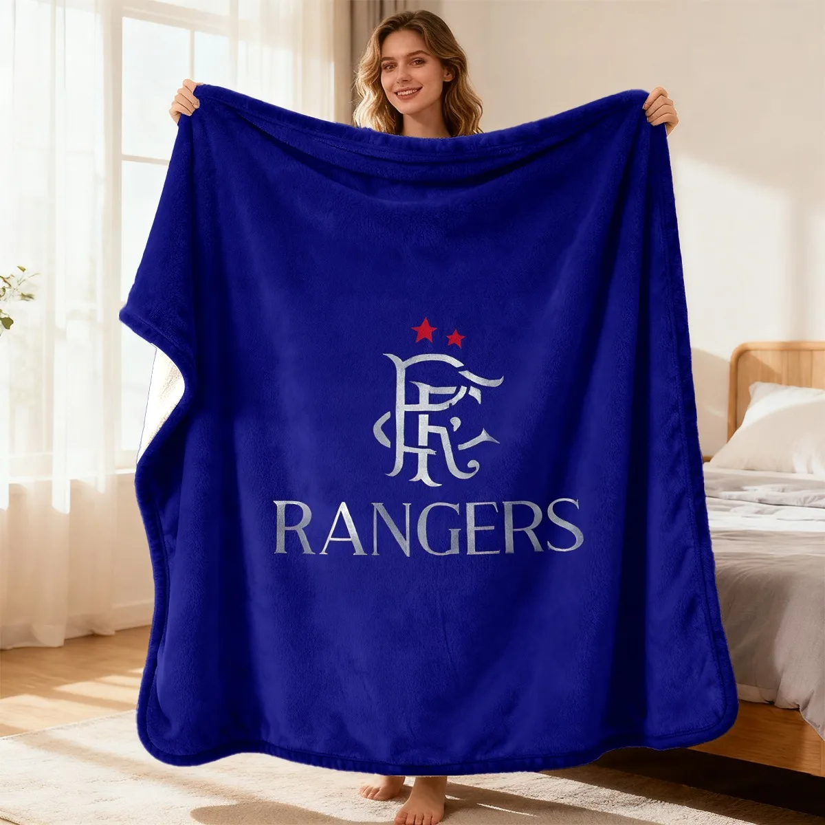 Comfortable Fleece Blanket with Rangers Logo And Red Stars, Blue Background, All-Season Use, Perfect for Sofa Beds, Ideal Gift f