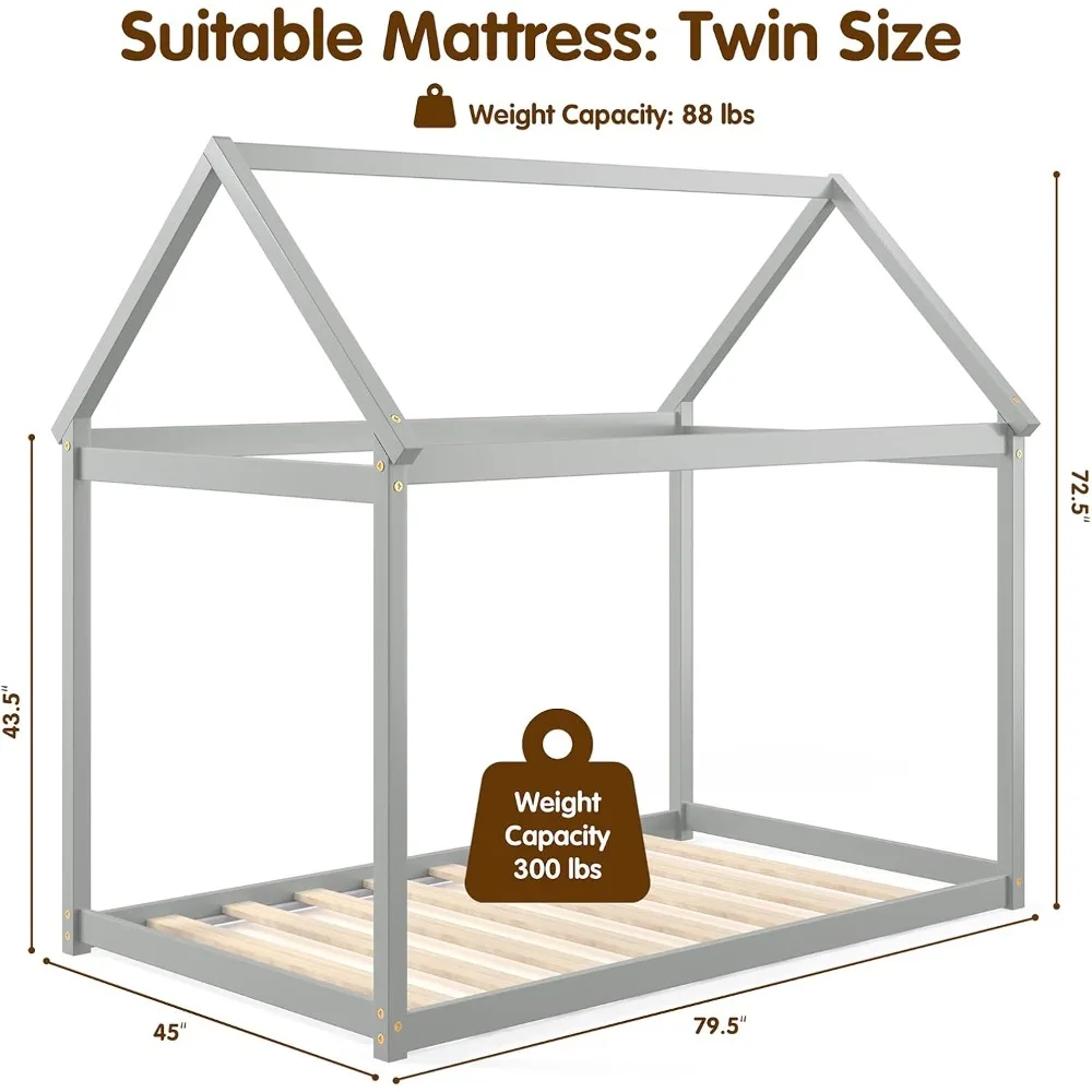 سرير توأم هاوس، سرير منخفض الطابق مع سقف، سرير أرضية مونتيسوري، لا حاجة إلى صندوق زنبركي، إطار سرير خشبي مزدوج الحجم للأطفال #2