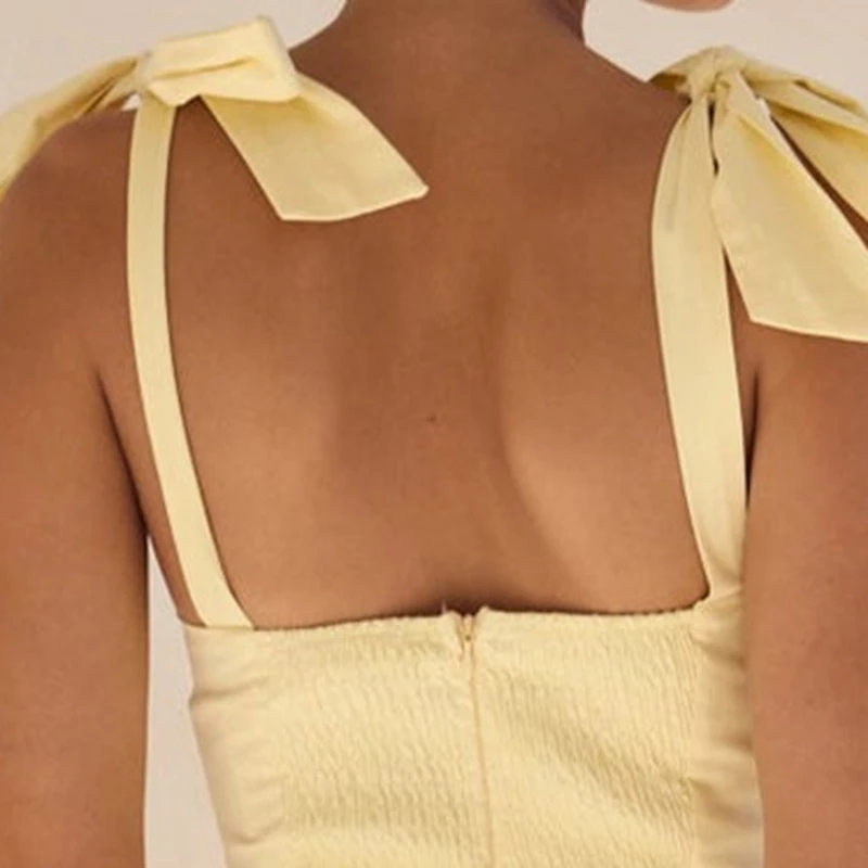 Vestido liso con lazo en los hombros para mujer, vestido largo fruncido con cuello cuadrado para vacaciones en la playa, fiesta de verano, ropa de calle para uso diario