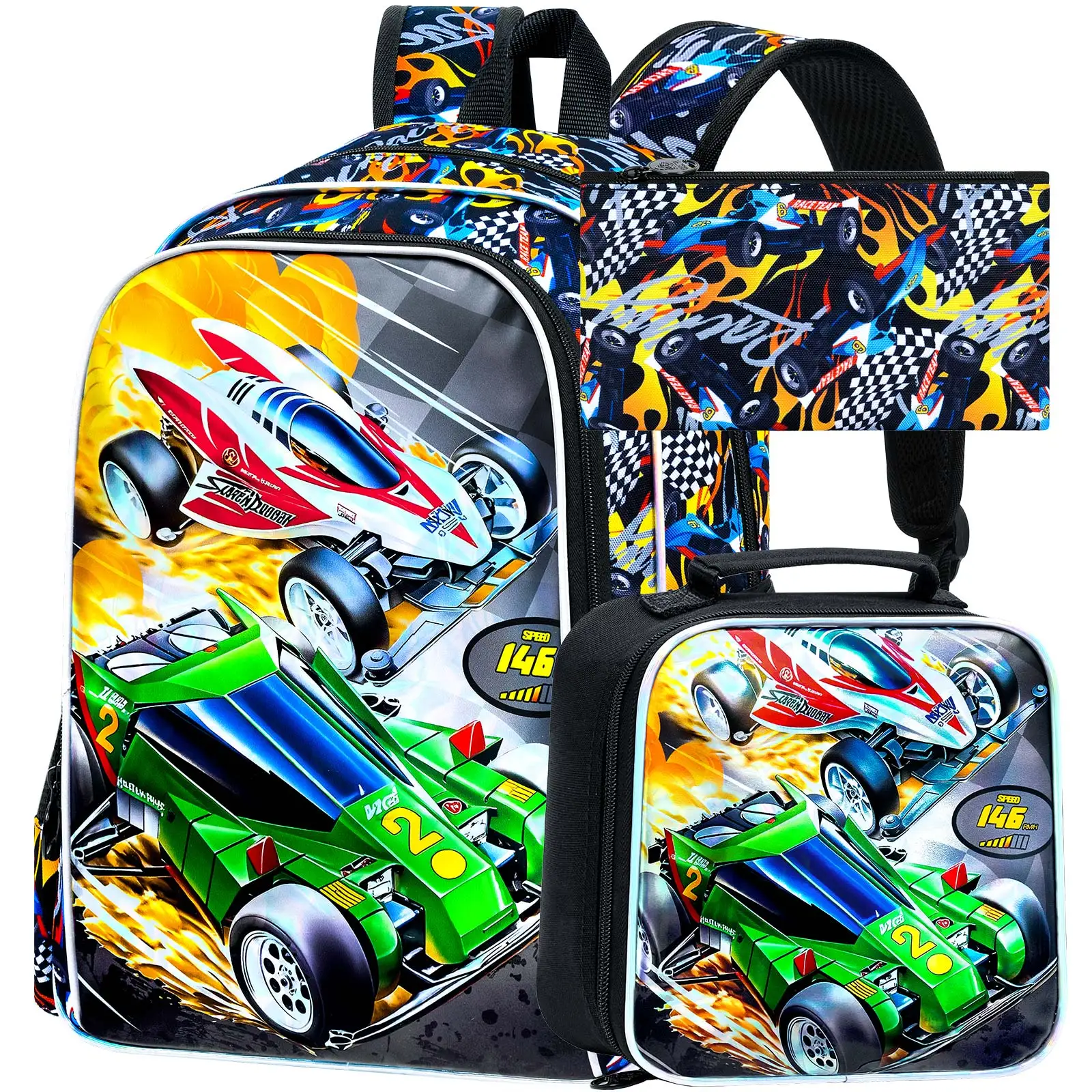 

3PCS Backpacks for Boys, 16" Kids Bookbag Water Resistant for Boy, Lightweight Backpack with Lunch Box -Green Sports car