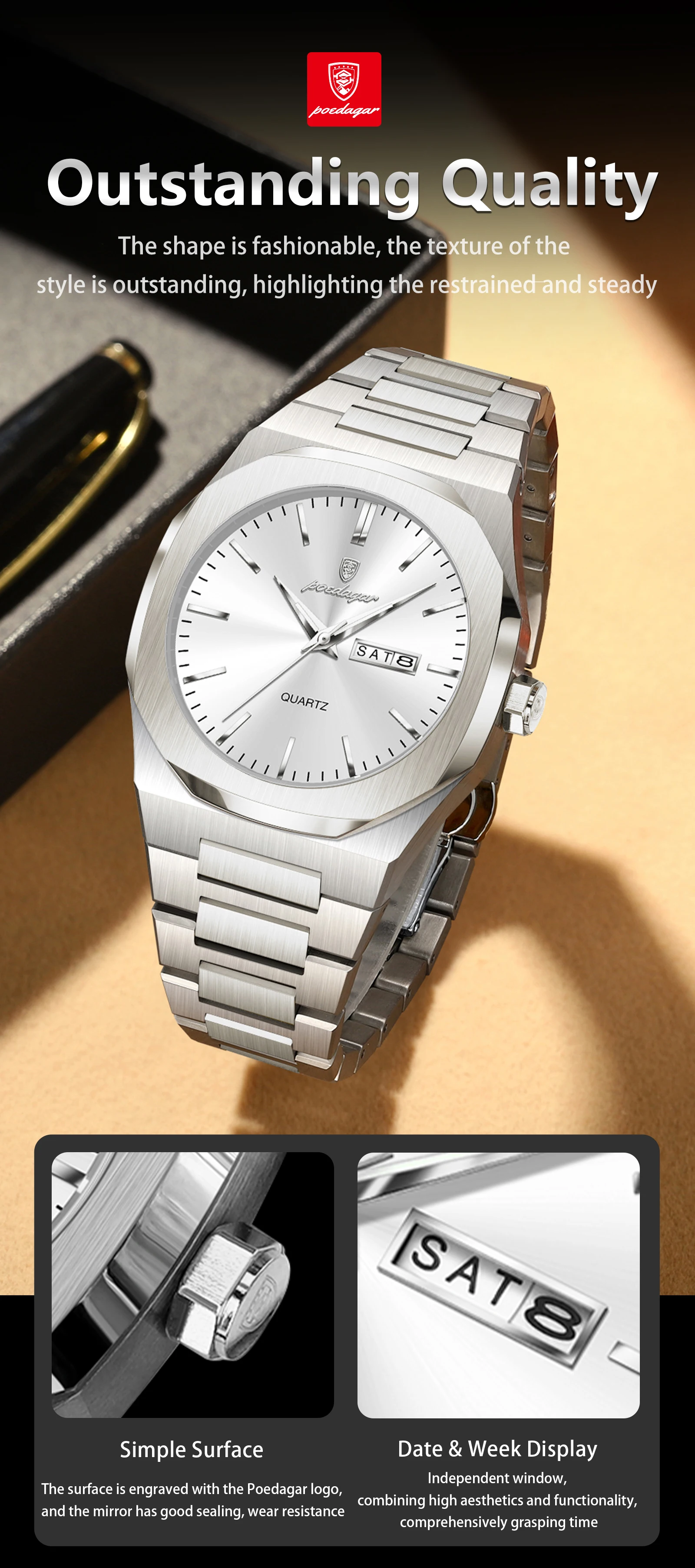 POEDAGAR Mode Marke Männliche Armbanduhr Wasserdicht Leucht Edelstahl Männer Uhr Datum Woche Casual Quarz herren Uhren Reloj – Detail 7