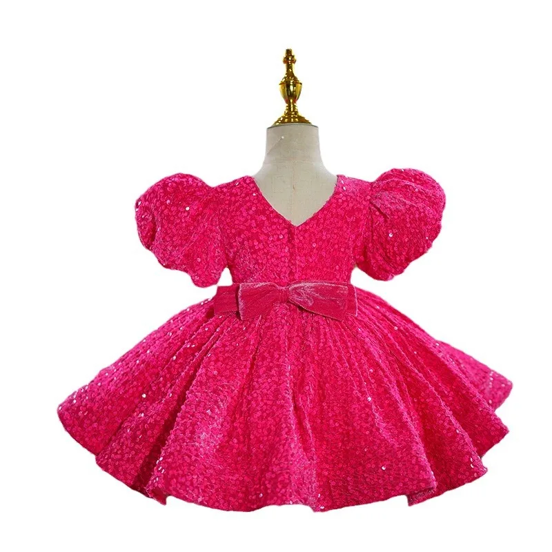 Girls' Hot Pink Sequin Velvet Birthday Party Dress for Wedding Red V-back Ceremonial Ball Gown for 1-12Yr Kids Bow Cute