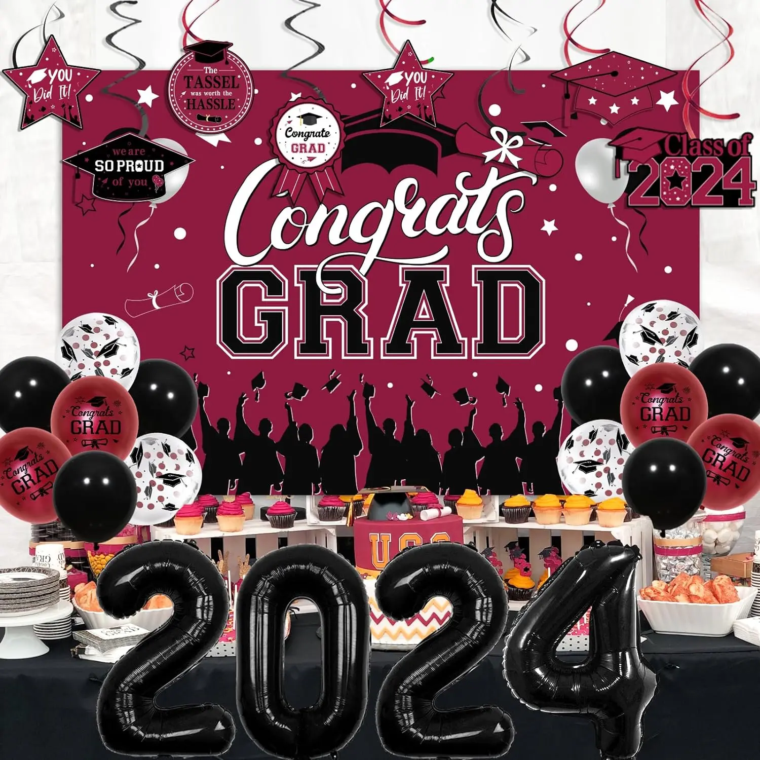 Congrats Grad Graduation Party Decor Class of 2024We Are So Proud of You Hanging Swirl Balloons Backdrop for Graduation Ceremony