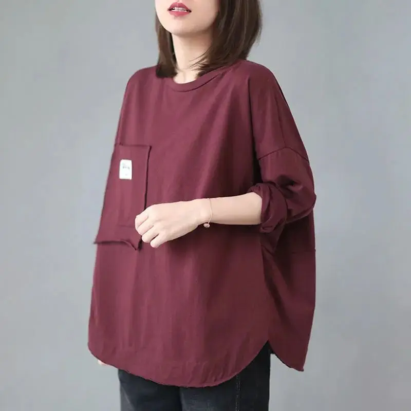 Spring Autumn Korean Simple Style Applique Pocket Solid Oversize T Shirt Women Casual O Neck Long Sleeve Top Female Clothing2023