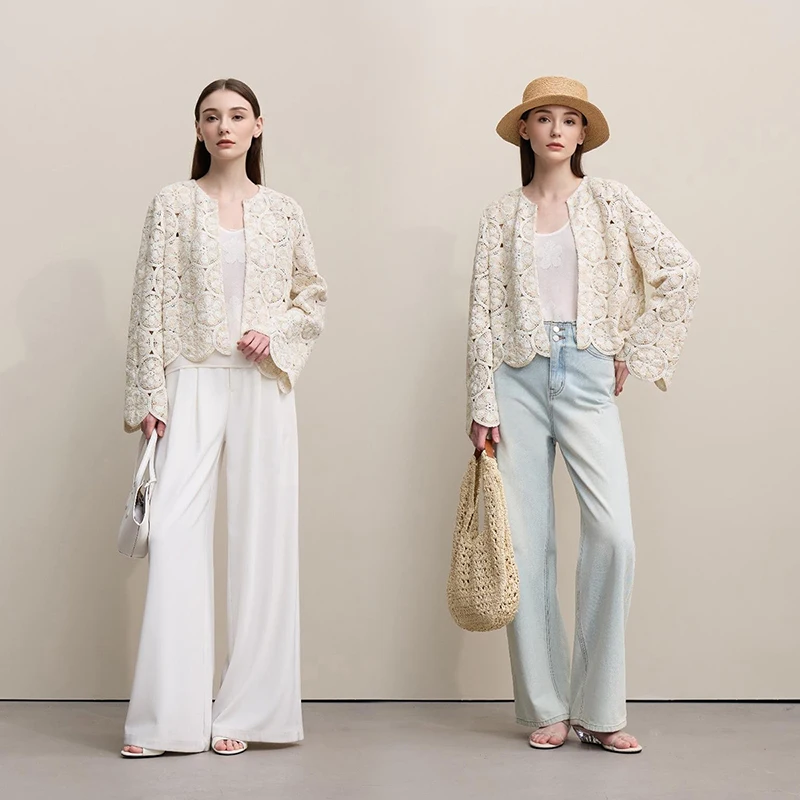 Women's Crochet Jacket - Round Neck Short Cotton Long Sleeve Top