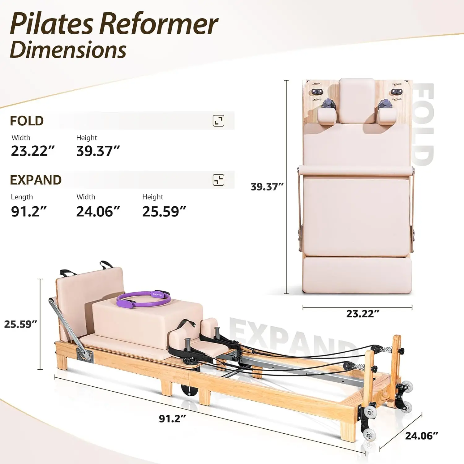 Pilates Reformer Machine, Foldable Studio Grade Pilates Equipment for Gym and Home Workout, Oak Wood Pilates Reformer