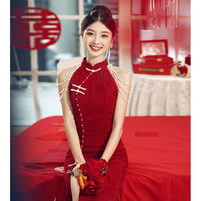 Sexy Cheongsam Toast Clothing Summer Small Engagement Dress Wine Red Lace Chinese Style Young Slim Women Qipao Wedding Dress