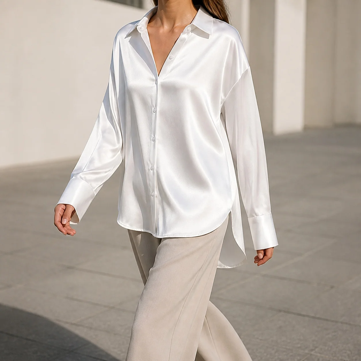 Women's Loose Fit Satin Blouse with Turn Down Collar Long Sleeve Solid Color Single Breasted Elegant Women's Tops For Women