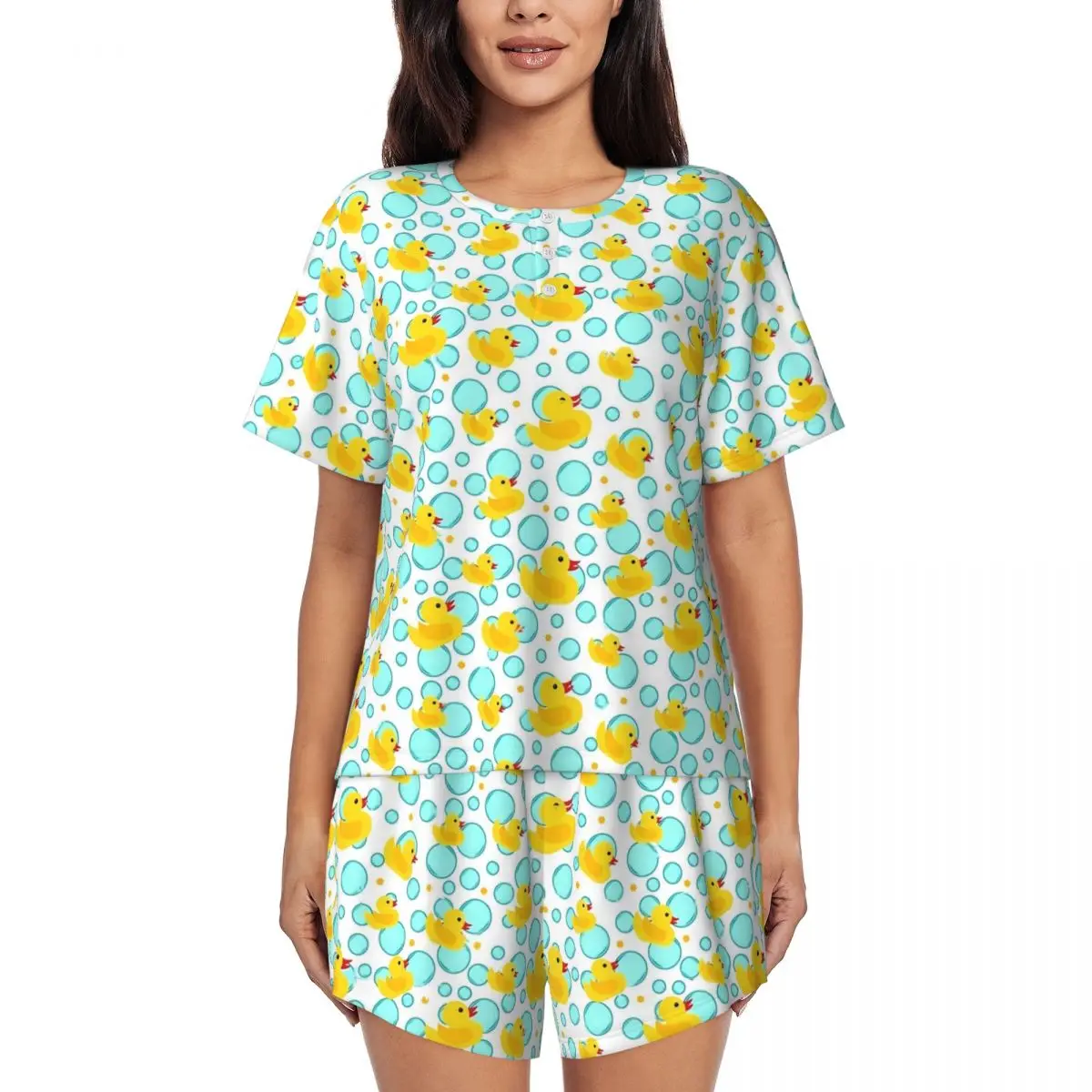 

Yellow Rubber Ducks Pajamas Summer Two Piece Bubbles Bathtime Funny Pajama Sets Women Short Sleeves O Neck Bedroom Nightwear