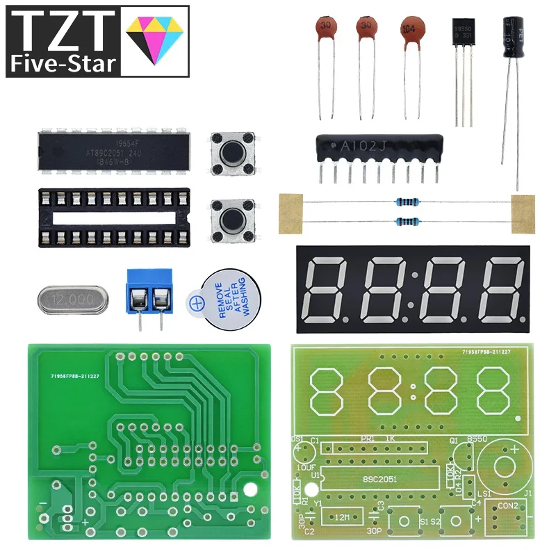 TZT AT89C2051 Digital LED Display 4 Bits Electronic Clock Electronic Production Suite DIY Kit 0.56 Inch Red Two Alarm