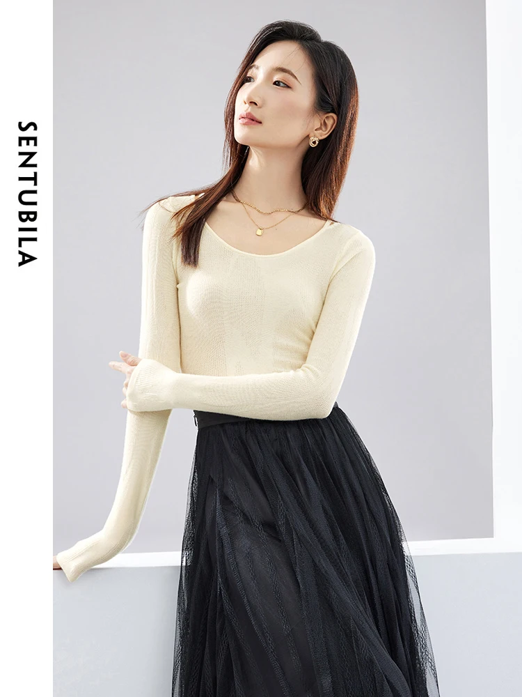 SENTUBILA Spring Simple Hollow Out Round Neck Sweater Long Sleeve Tops 2024 High Strecth Soft Slim Solid Pullovers W41E53097