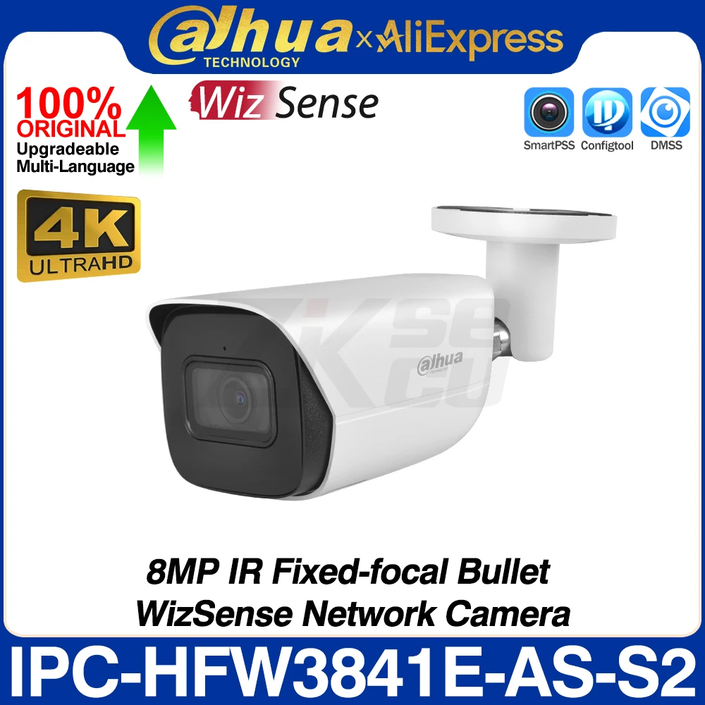 Nunua Original IPC-HFW3841E-AS-S2 8MP 4K Wizwhip Réseau POE IP Caméra IR 30M SD Slot Intégré MIC Alarme IVS SMD 4.0 AISSA IP67