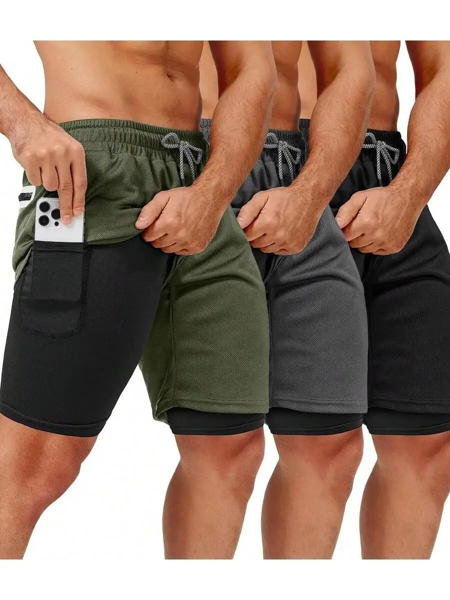 

3 Pack Mens 2 In 1 Gym Shorts With Pockets Compression Liner Quick Dry Workout Running Shorts