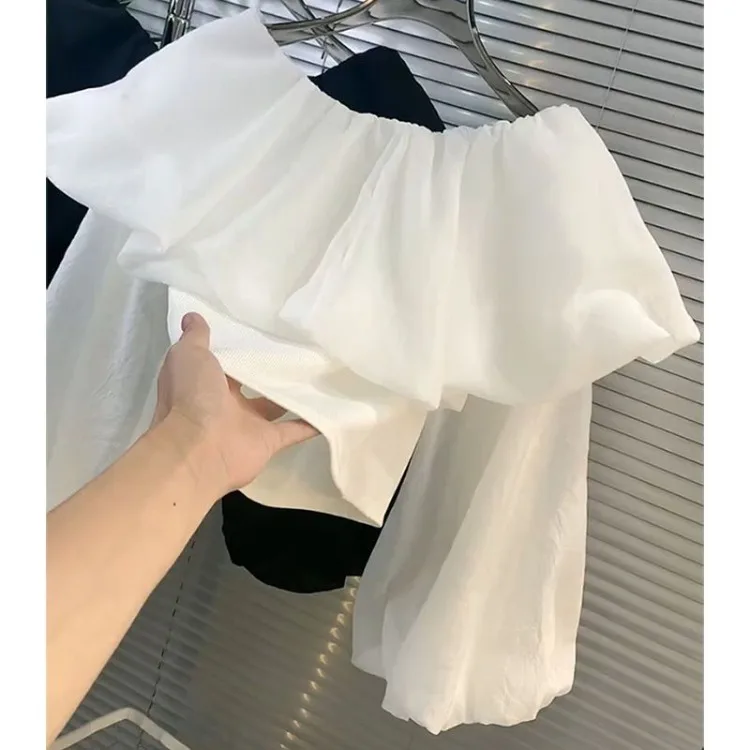 

Elegant Sweet Ruffles Patchwork Blouses Sexy Off Shoulder Long Sleeve Shirts Women Y2k Slim Fit Black Blusas De Mujer