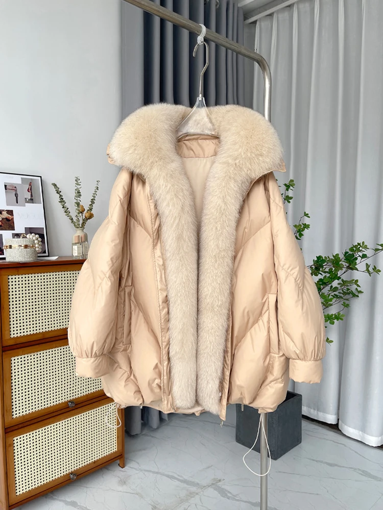 2023 New Korean Fashion Winter Women\'s Warm Goose Down Jacket Real Fox Collar Thicken Loose Coat Luxury Female Outerwear