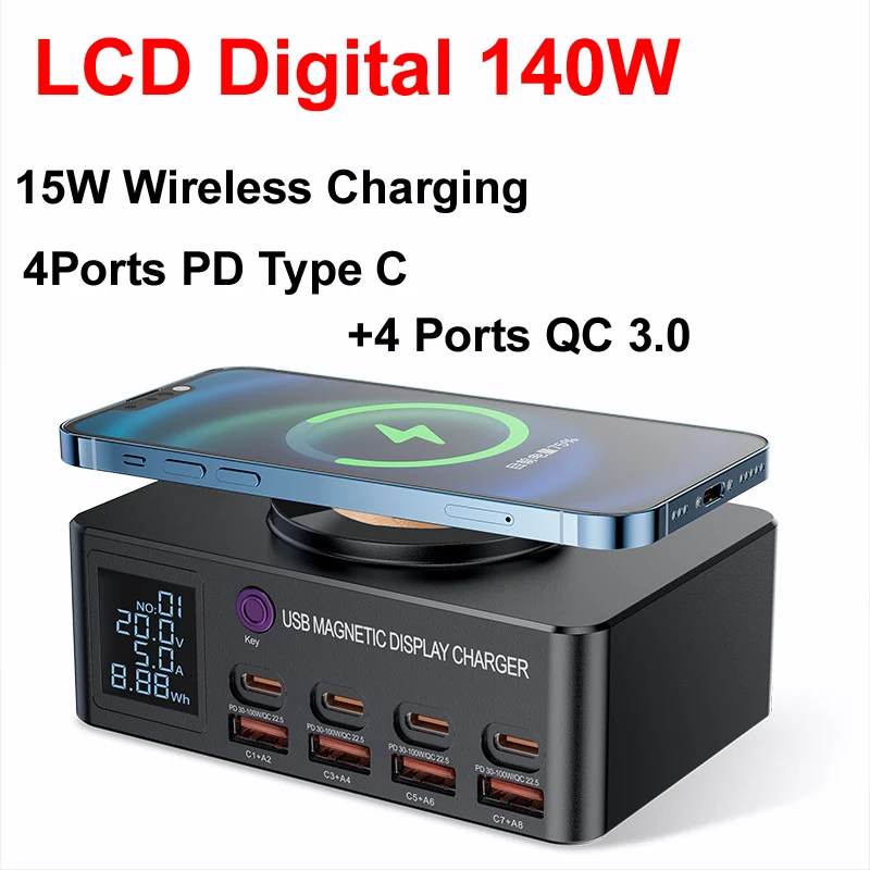 

140W LCD Digital Display Charger Station support 100W PD QC 3.0 USB and Fast 15W Magnetic wireless Charging for Phone laptop etc