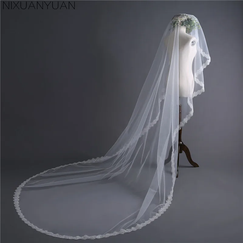 2022 Wit/Ivoor Bruiloft Sluier 3M Lange Kant Mantilla Kathedraal Bridal Veil Bruiloft Accessoires Veu De Noiva Real foto 'S