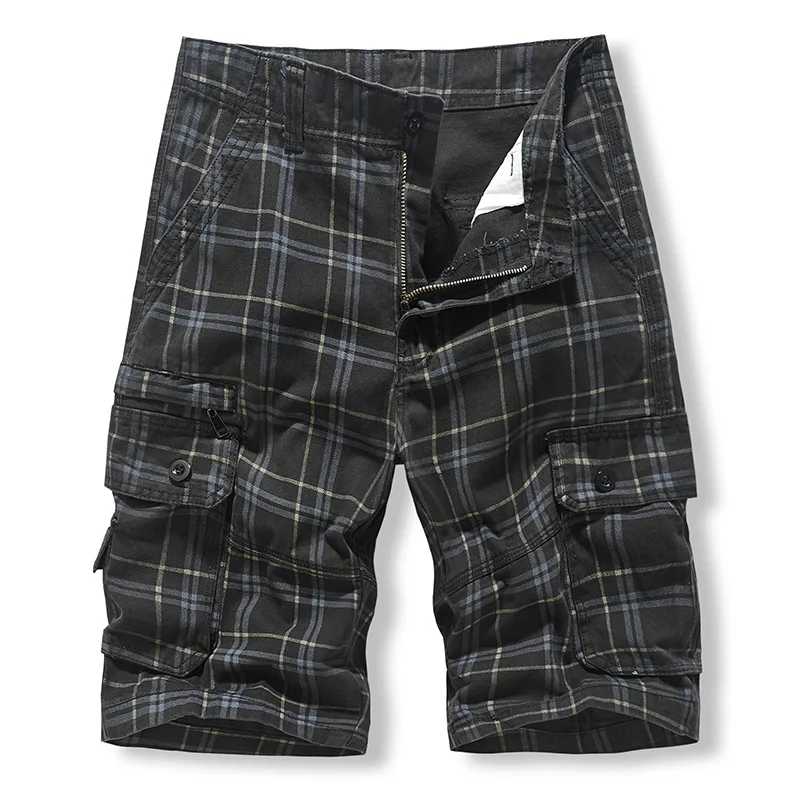 Summer Fashion Men\'s Cargo Shorts Male Plaid Cotton Multiple Pockets Shorts Pants